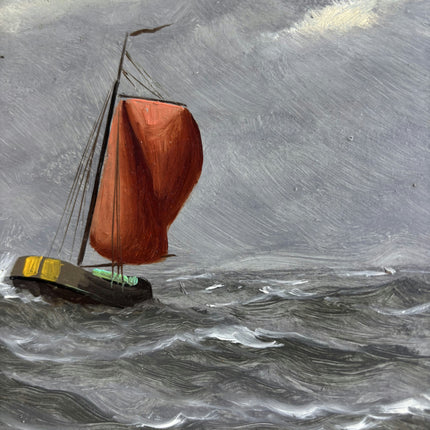 Refined Seascape Oil Painting "Red Sailboat" Vintage Small Art Holland Art Shop