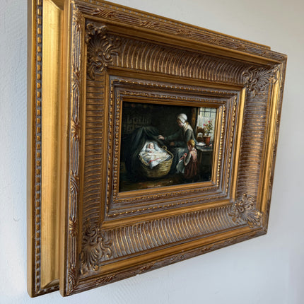 Classic Oil Painting Interior "Caring Grandmother" Vintage Small Art Holland Art Shop