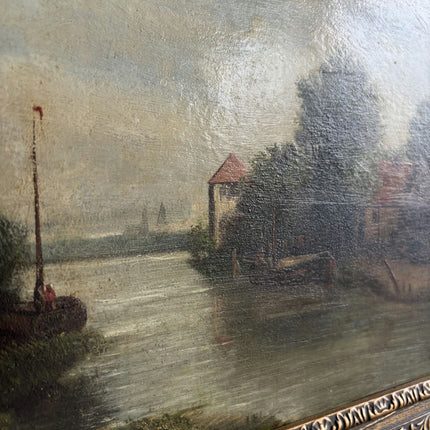 19th Century Antique Harbor Scene Oil Painting "Ornate Frame" Art Holland Art Shop