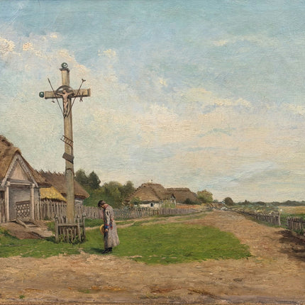 1894 Antique Landscape Oil Painting "Village Cross" Large Art Holland Art Shop