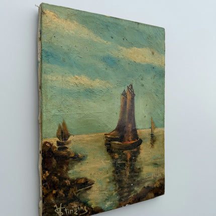 Refined Seascape Oil Painting "Sailboat Hull" Original Small Artwork Holland Art Shop