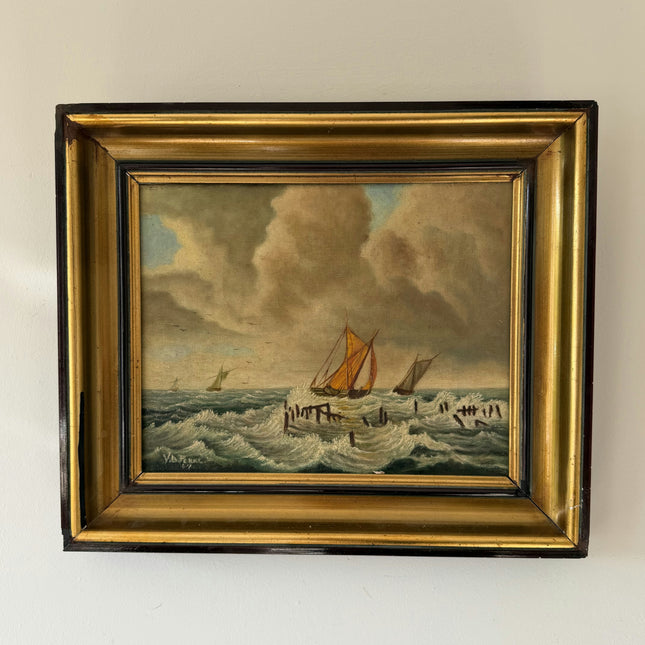 Authentic Seascape Oil Painting "Orange Sailboat" Rustic Small Art Holland Art Shop