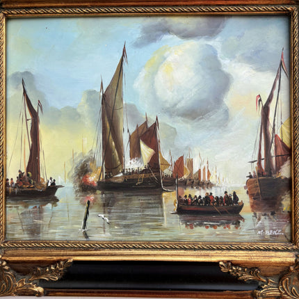 Elegant Harbor Scene Oil Painting "Sailing Ships" Classic Small Artwork Holland Art Shop