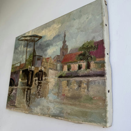 L Vintage Cityscape Oil Painting "River Bridge" Elegant Small Artwork Holland Art Shop