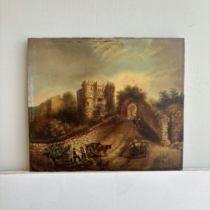 19th Century Antique Landscape Oil Painting "Stone Castle" Small Artwork Holland Art Shop