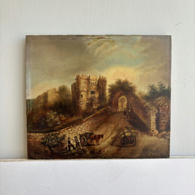 19th Century Antique Landscape Oil Painting "Stone Castle" Small Artwork Holland Art Shop