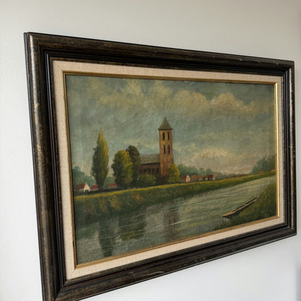 1921 Antique Harbor Scene "River Tower" Large Art Holland Art Shop