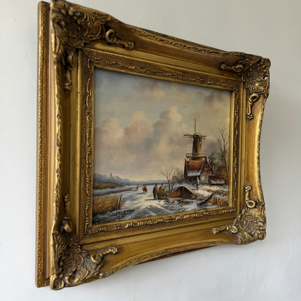 19th Century Antique Winter Landscape Oil Painting "Gilded Frame" Small Artwork Holland Art Shop
