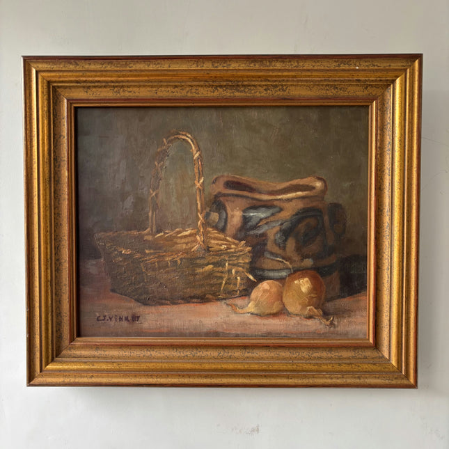 Timeless Still Life Oil Painting "Woven Basket" Handcrafted Small Artwork Holland Art Shop