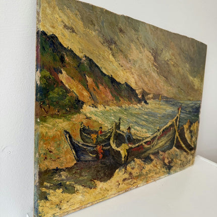 Traditional Harbor Scene Oil Painting "Beached Boats" Rustic Artwork Holland Art Shop