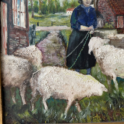 Vintage Farm Oil Painting "Woman Shepherdess" Detailed Artwork Holland Art Shop