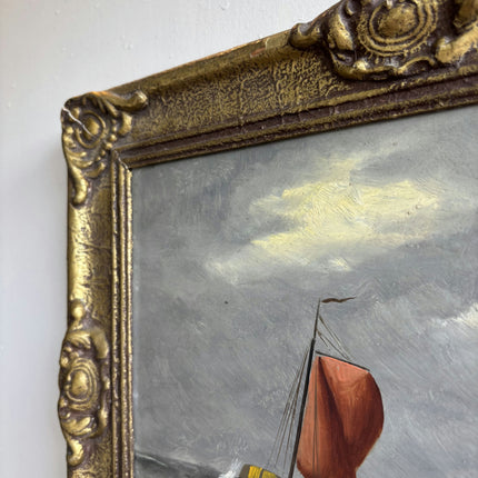 Refined Seascape Oil Painting "Red Sailboat" Vintage Small Art Holland Art Shop
