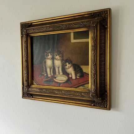 Antique Interior Oil Painting "Three Kittens" Handcrafted Small Art Holland Art Shop