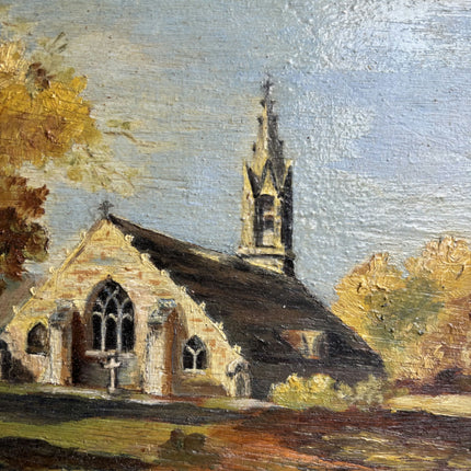 Refined Landscape Oil Painting "Stone Church" Authentic Small Artwork Holland Art Shop