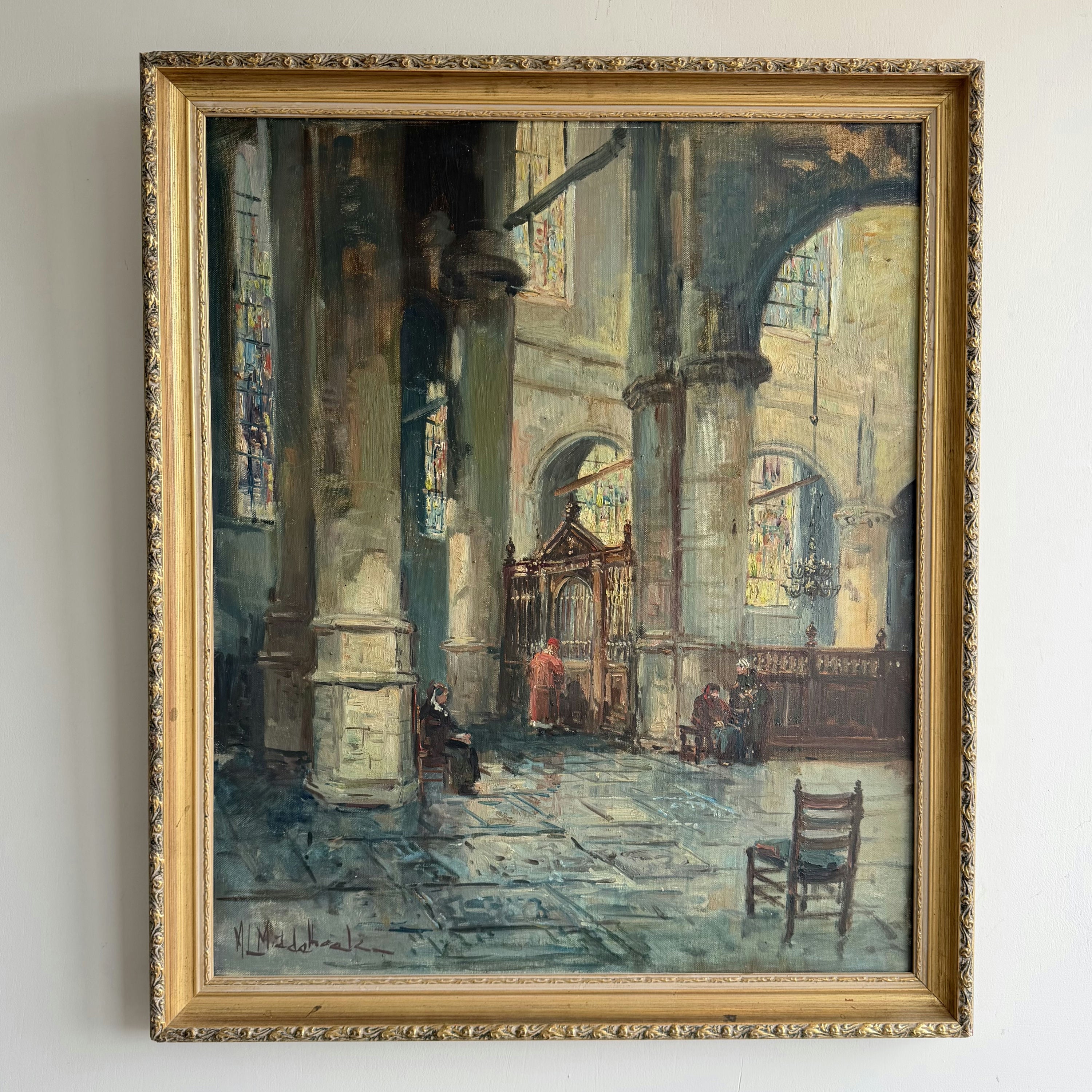 Vintage Church Interior Oil Painting 