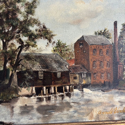 Vintage Cityscape Oil Painting "Riverside Mill" Expressive Artwork Holland Art Shop