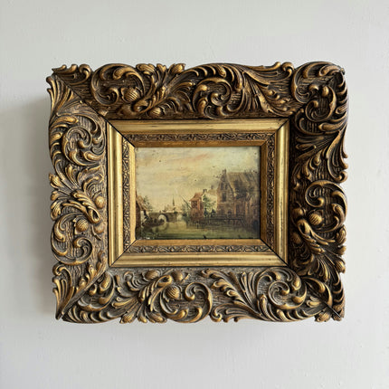 19th Century Antique Harbor Scene Oil Painting "Gilded Frame" Small Art Holland Art Shop