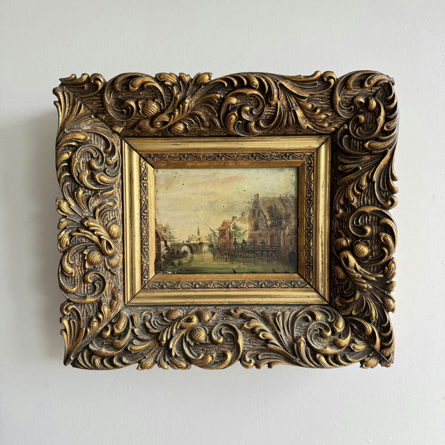 19th Century Antique Harbor Scene Oil Painting "Gilded Frame" Small Art Holland Art Shop