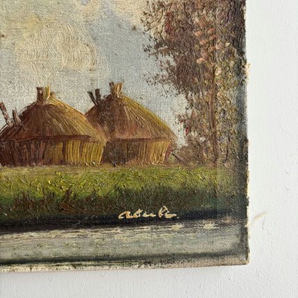 Classic Landscape Oil Painting "Thatched Huts" Vintage Small Art Holland Art Shop