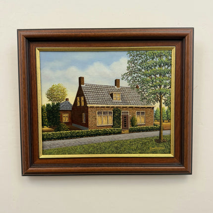 Refined Cityscape Oil Painting "Brick House" Vintage Small Artwork Holland Art Shop