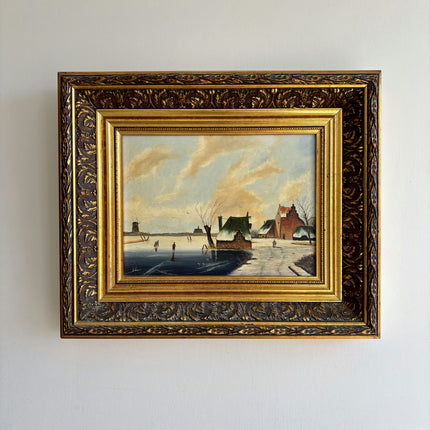 Original Winter Landscape Oil Painting "Gilded Frame" Detailed Small Artwork Holland Art Shop
