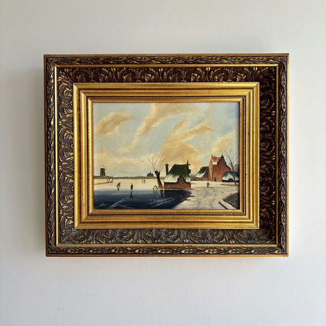 Original Winter Landscape Oil Painting "Gilded Frame" Detailed Small Artwork Holland Art Shop