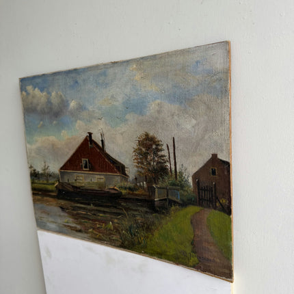 Handcrafted Landscape Oil Painting "Red Roof" Traditional Small Art Holland Art Shop