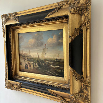 19th Century Antique Harbor Scene Oil Painting "Gilded Frame" Artwork Holland Art Shop