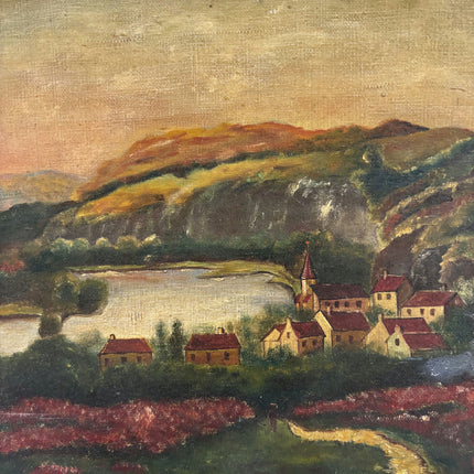 1915 Antique Landscape Oil Painting "Riverside Village" Small Art Holland Art Shop