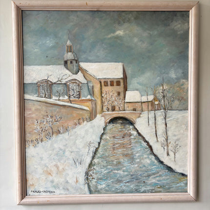Vintage Winter Landscape Oil Painting "Snowy Bridge" Authentic French Artwork Holland Art Shop