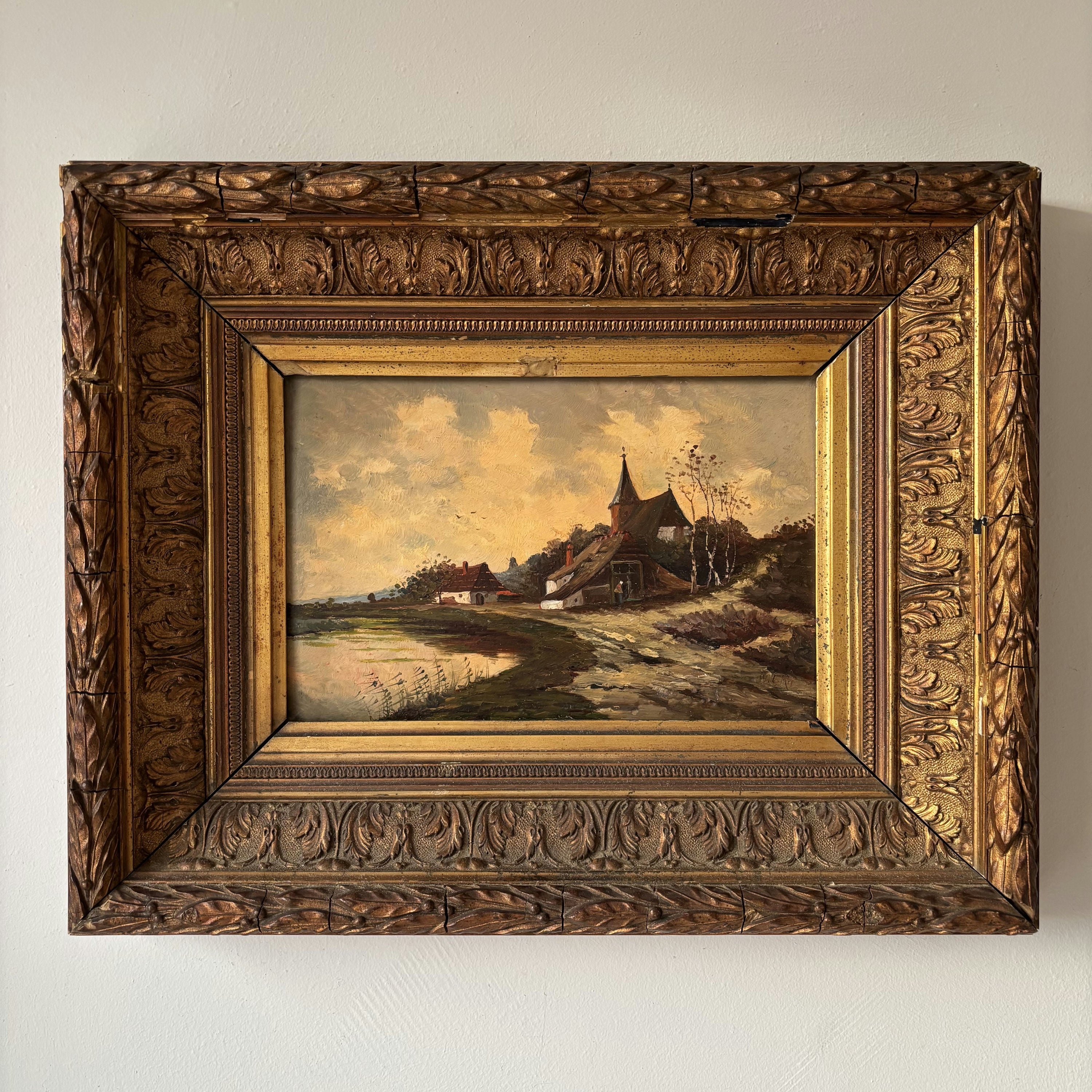 19th Century Lakeside Cottages Church Trees Pathway Clouds Oil Painting Antique