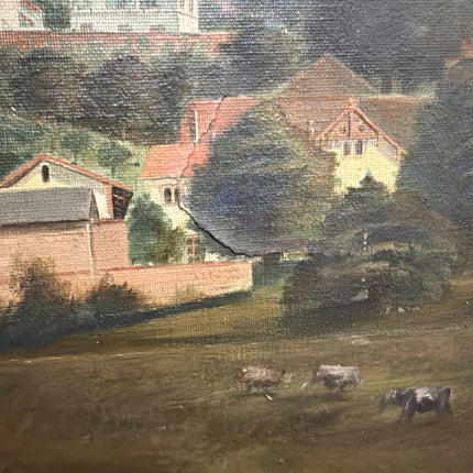 1909 Antique Landscape Oil Painting "Grazing Cow" Large Artwork Holland Art Shop