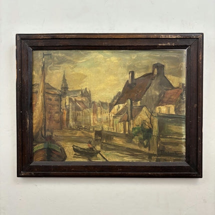 Vintage Cityscape Oil Painting "Canal Boat" Original Artwork Holland Art Shop