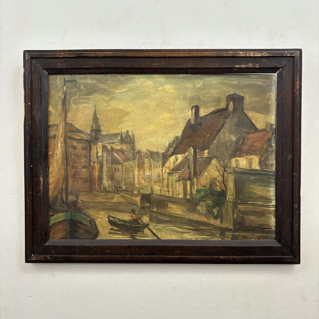 Vintage Cityscape Oil Painting "Canal Boat" Original Artwork Holland Art Shop
