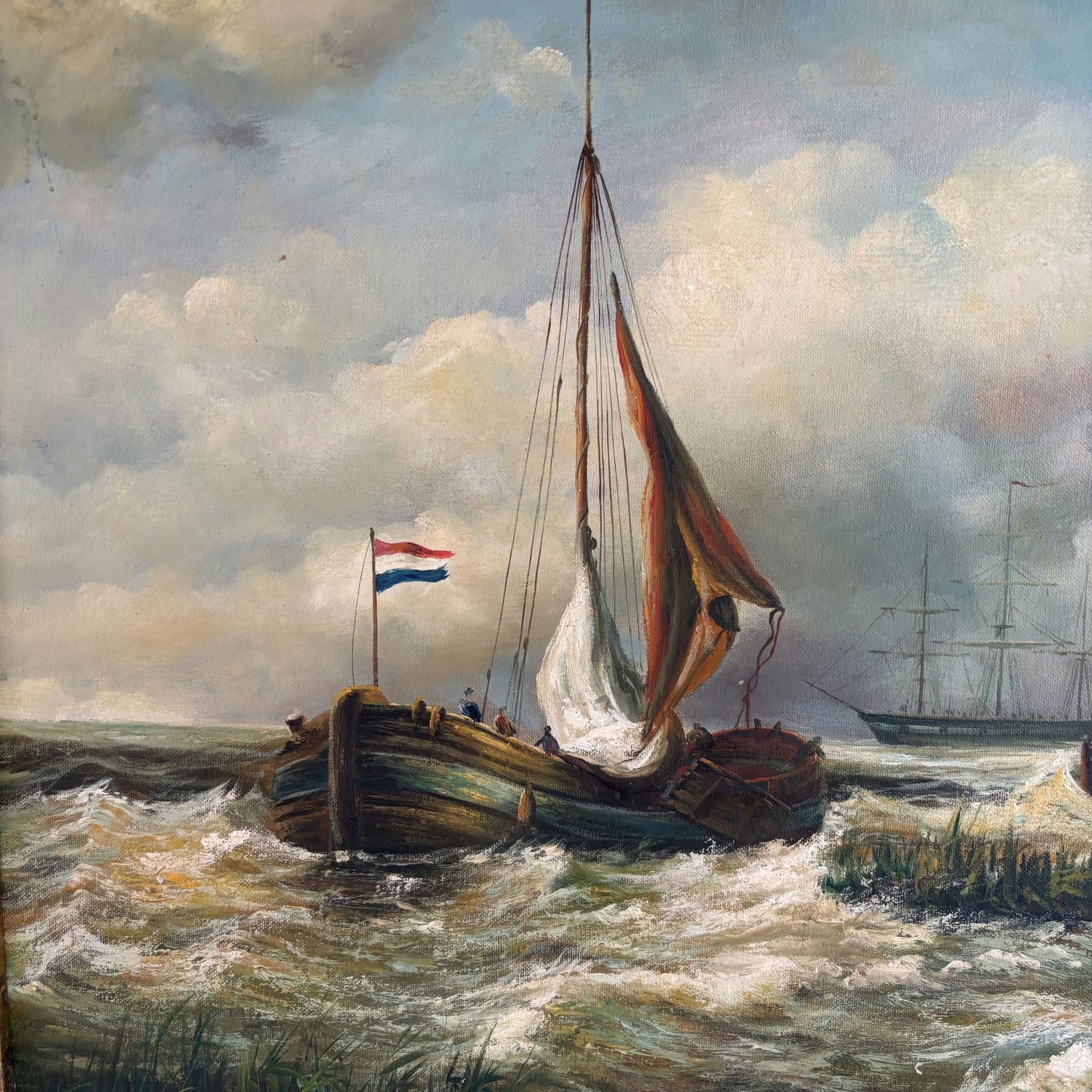 Remarkable Oil Painting Seascape "Sailing Vessels" Antique Medium Art