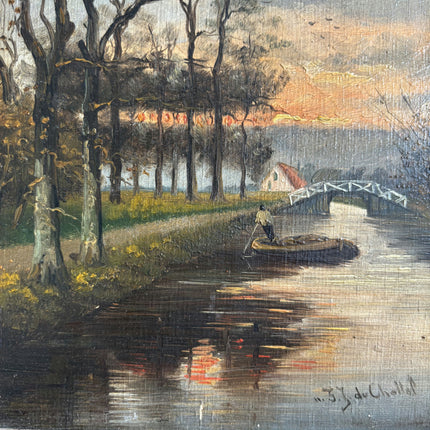 19th Century Antique Landscape Oil Painting "River Boat" Dutch Artwork Holland Art Shop