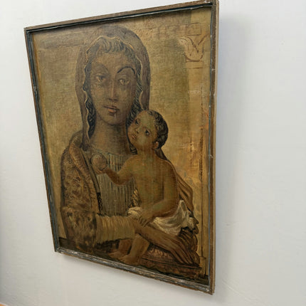 Antique Religious  Oil Painting "Madonna Child" Rustic Large Artwork Holland Art Shop