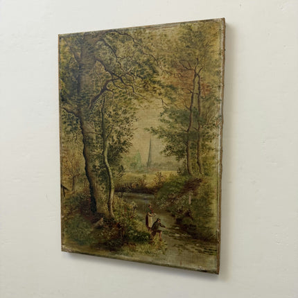 19th Century Antique Landscape Oil Painting "Fishing Man" Small Artwork Holland Art Shop