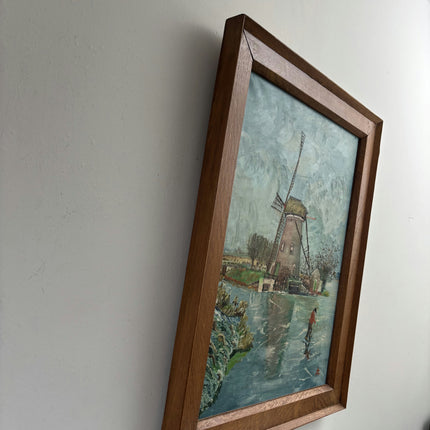 Fine Oil Painting Winter Landscape "Windmill Reflection" Handcrafted Large Art