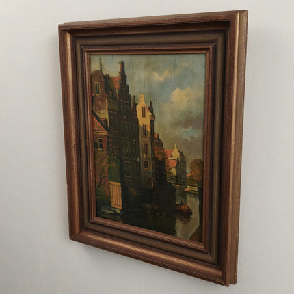 Antique Cityscape Oil Painting "Canal Houses" Handcrafted Artwork Holland Art Shop