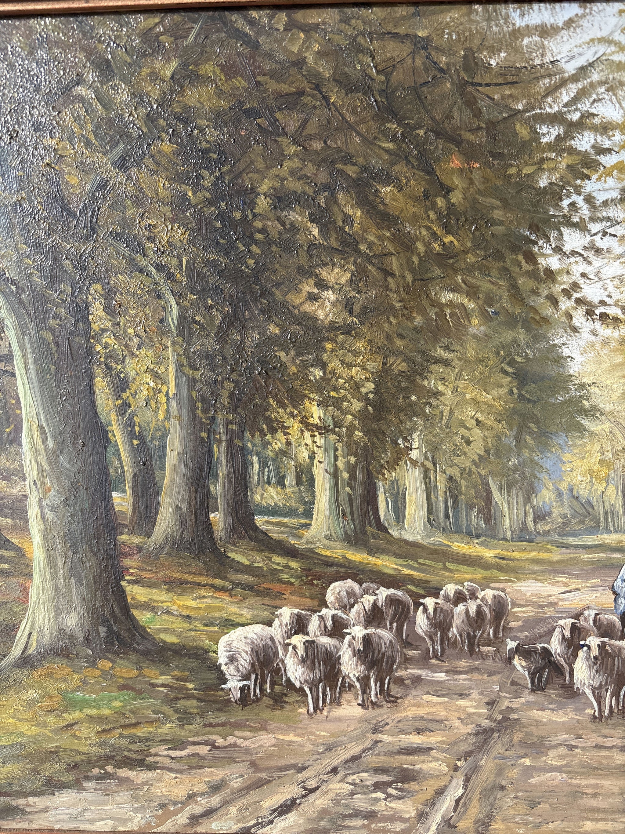 20th Century Vintage Autumn Forest Sheep Path Shepherd Oil Painting Authentic