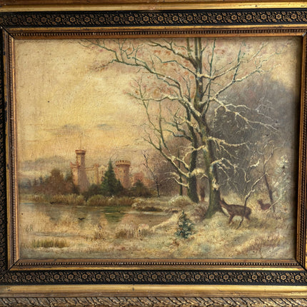 19th Century Antique Winter Landscape Oil Painting "Gilded Frame" French Art Holland Art Shop