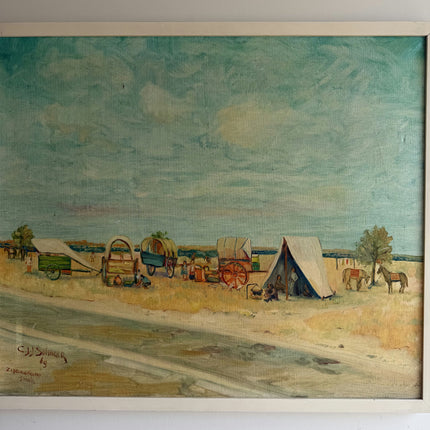 Refined Landscape Oil Painting "Covered Wagons" Authentic Artwork Holland Art Shop