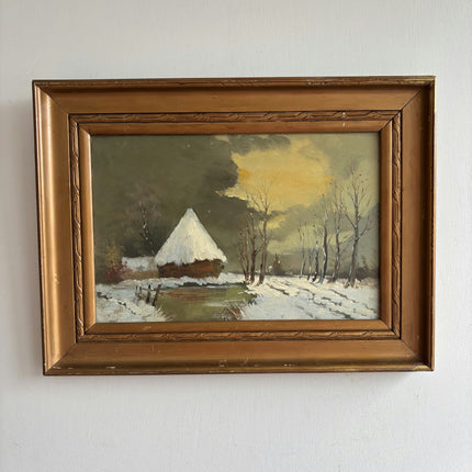 Original Winter Landscape Oil Painting "Snowy Cottage" Vintage Small Artwork Holland Art Shop