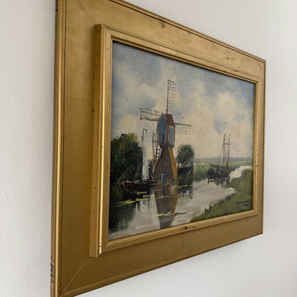 Rustic Harbor Scene Oil Painting "River Windmill" Elegant Art Holland Art Shop