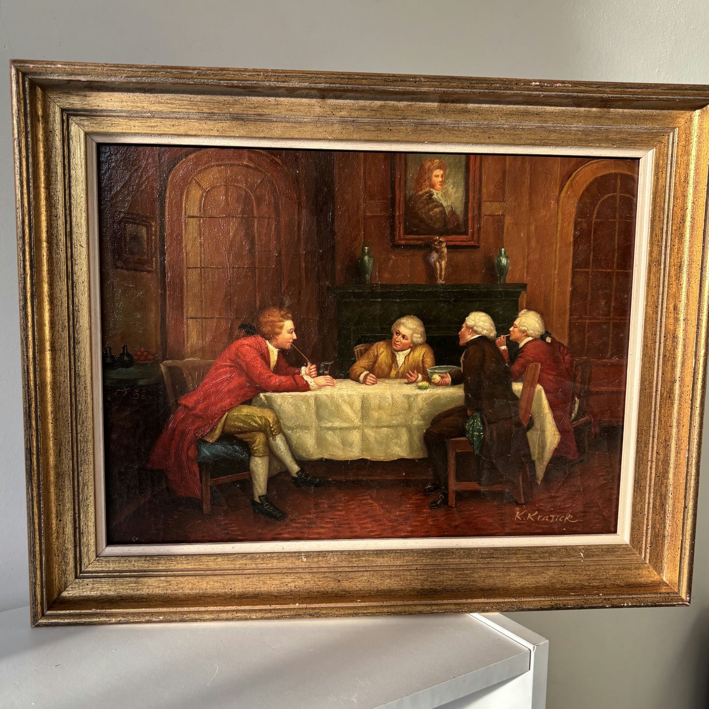 Marvelous Oil Painting Figurative "Dining Conversation" Men French Art