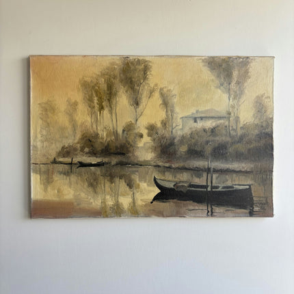 Rustic Harbor Scene Oil Painting "Black Boat" Expressive Art Holland Art Shop