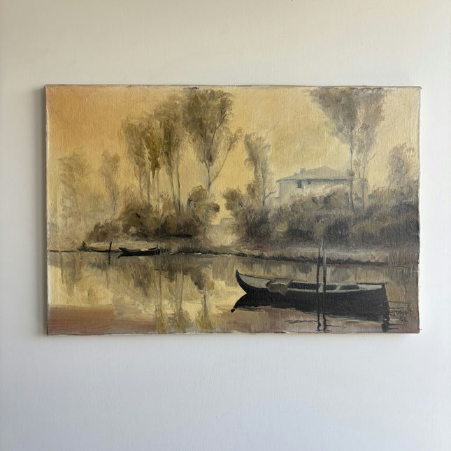 Rustic Harbor Scene Oil Painting "Black Boat" Expressive Art Holland Art Shop