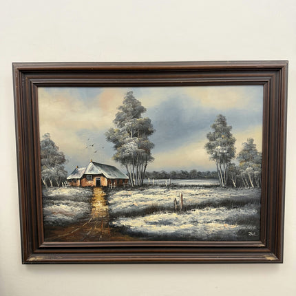 Rustic Winter Landscape Oil Painting "Riverside Cottage" Refined Large Art Holland Art Shop