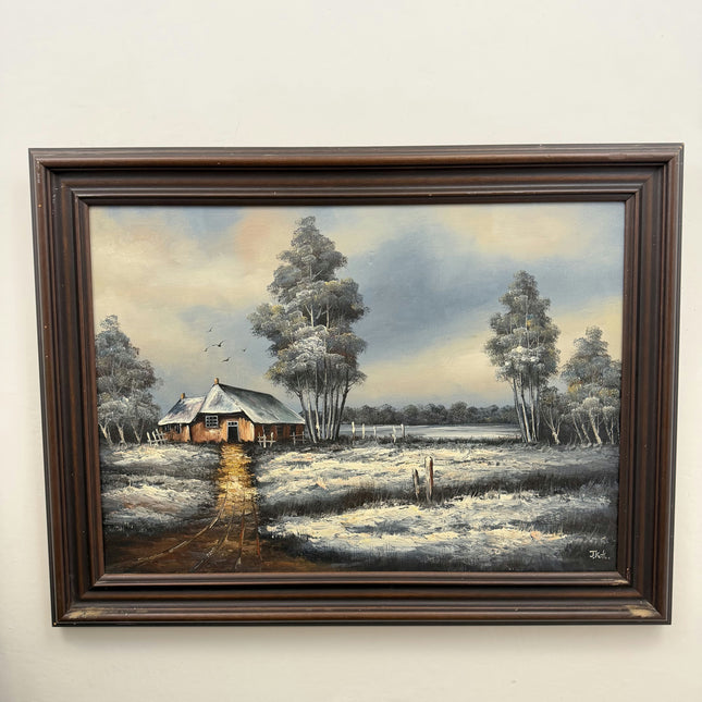 Rustic Winter Landscape Oil Painting "Riverside Cottage" Refined Large Art Holland Art Shop